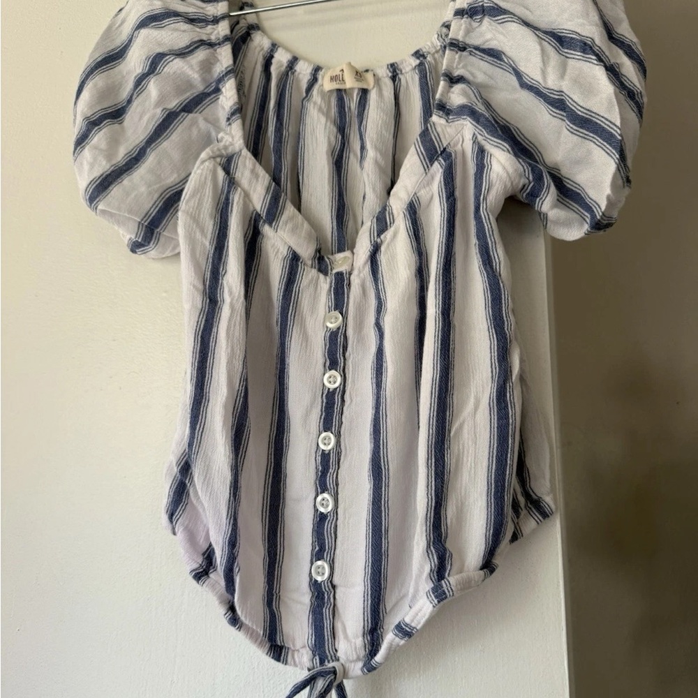 Striped Puff-Sleeve Button-Front Women’s Top - Blue/White